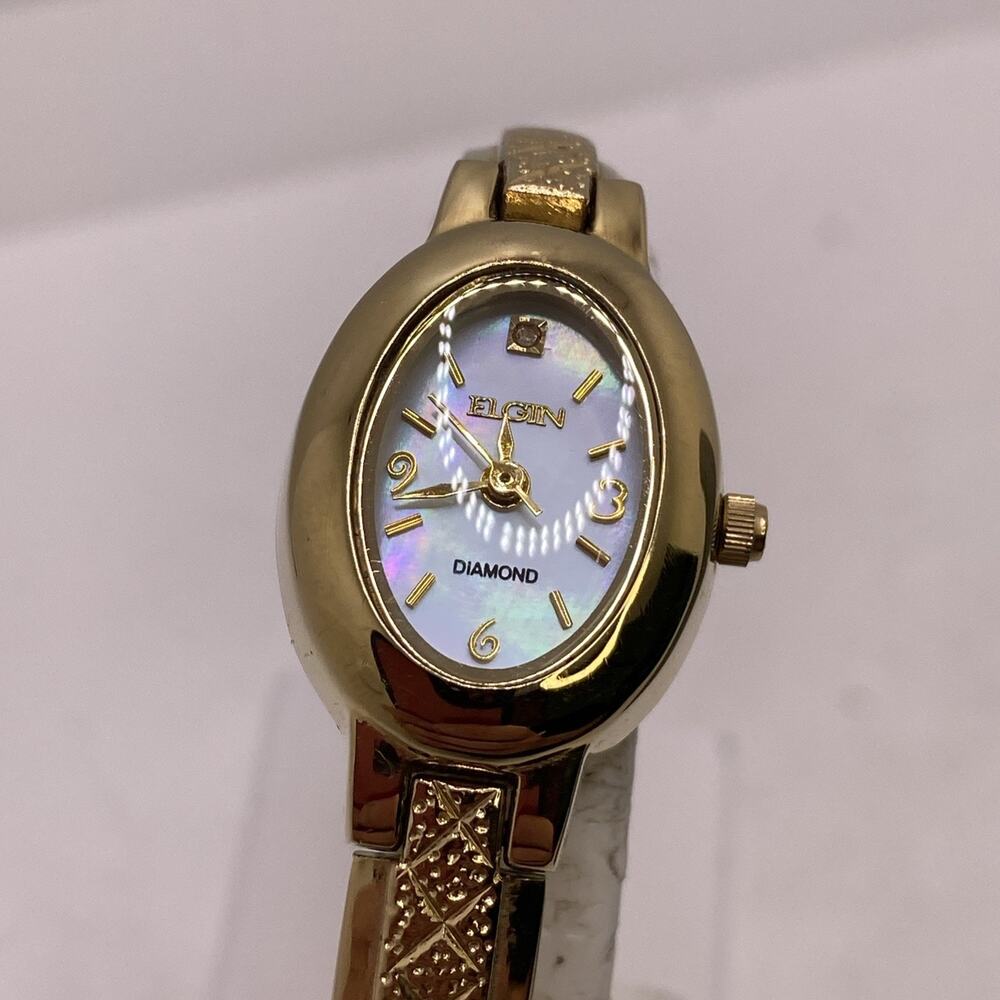 Elgin Diamond Gold Tone Watch Works New Batteey